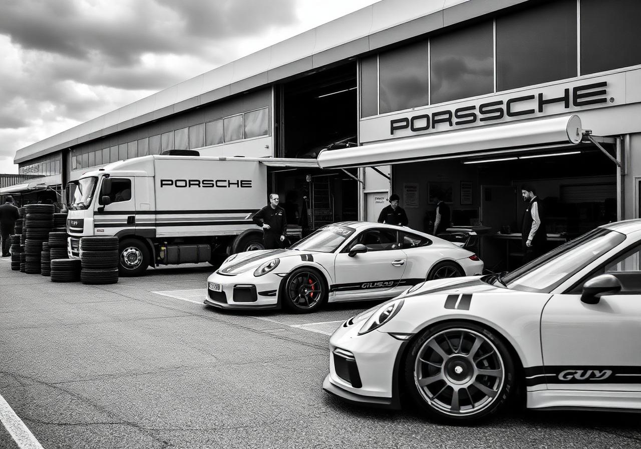 Camion d'assistance Porsche et 911 GT3 Cup dans un paddock