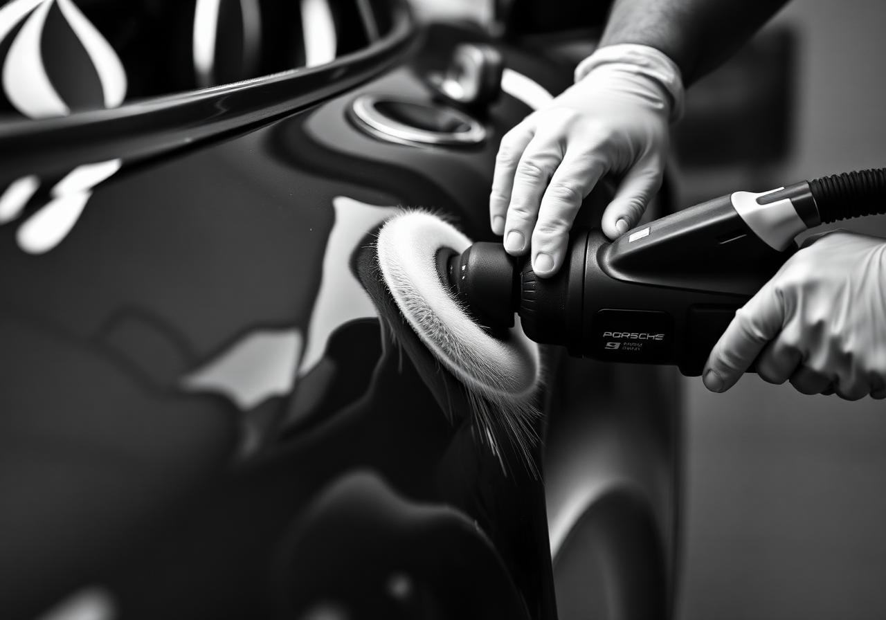 Lustrage correctif sur carrosserie noire d'une Porsche
